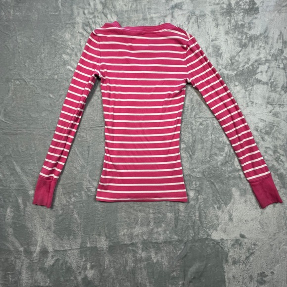 Aeropostale Striped V-Neck Long Sleeve Women S Pink White Ribbed Stretch - Picture 10 of 10